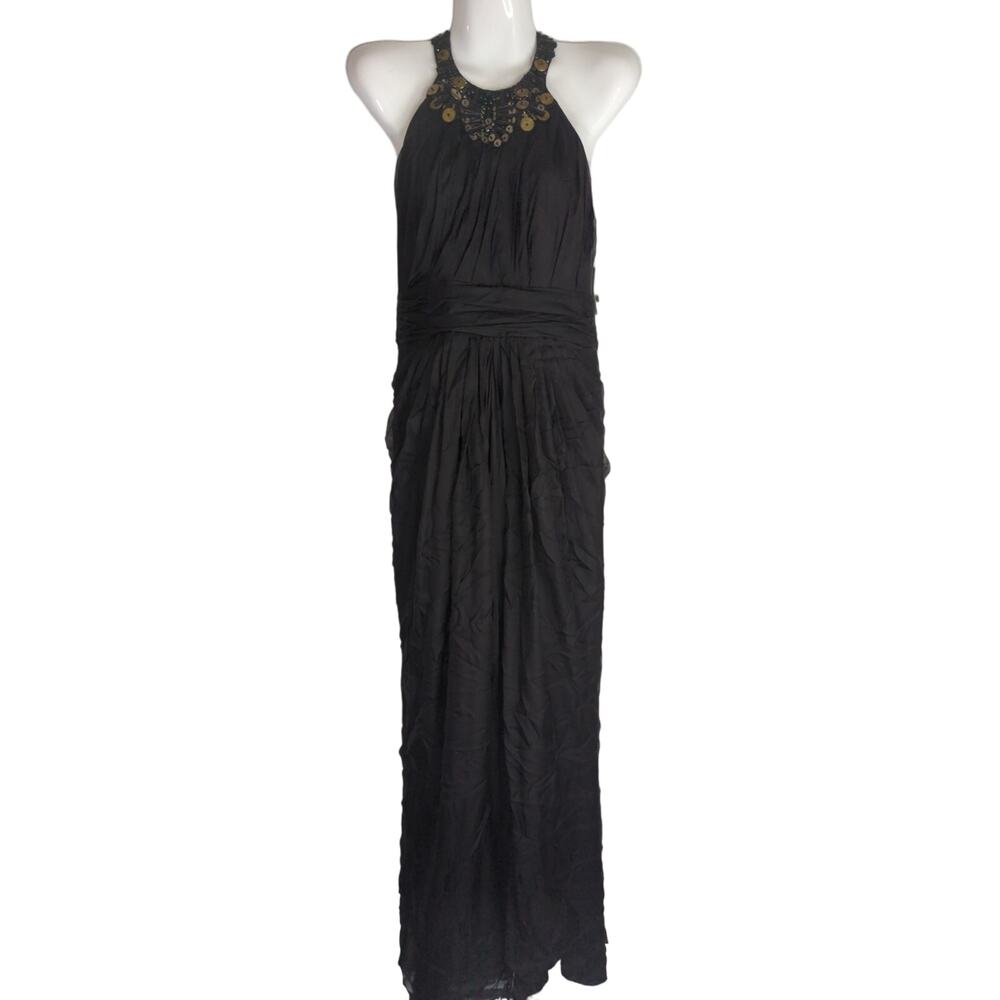 Badgley Mischka Womens Silk Beaded Halter Neck Maxi Evening Dress Black Sz 2 NWT